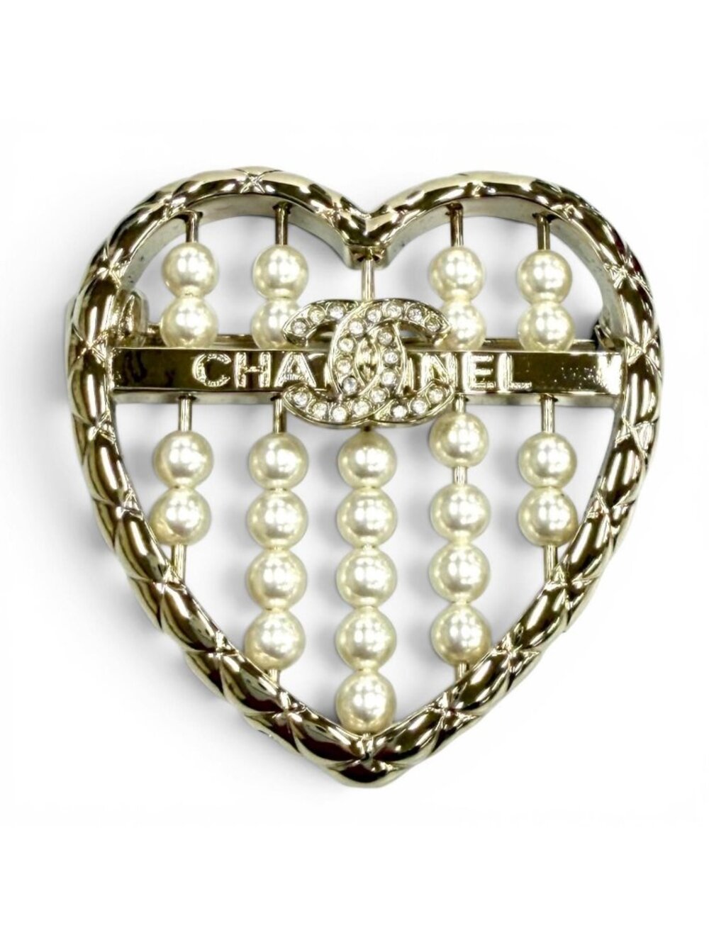 Chanel CC Logo Quilted Heart Brooch Gold White